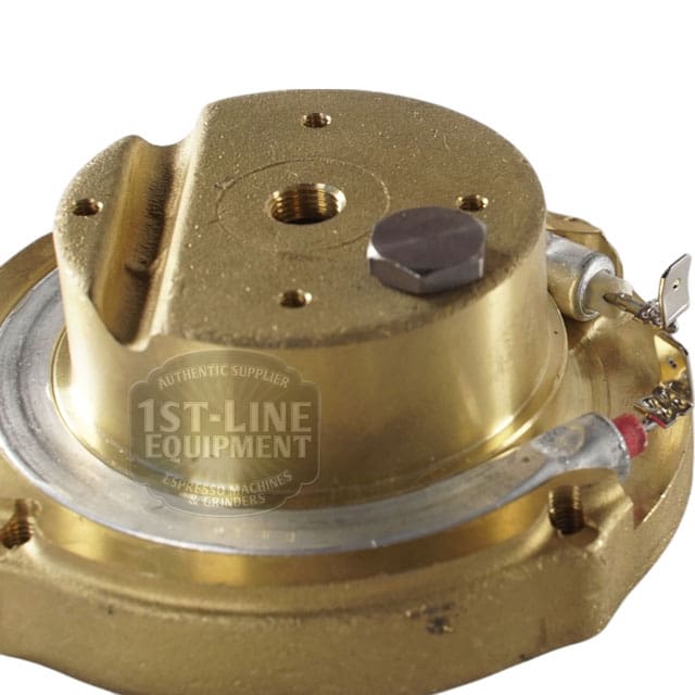 Close-up of an Ascaso I.365N 110V Brass Boiler / Heating Element - 2 hole, featuring two wires and a hexagonal bolt on top, displayed against a white background with faint 1st-Line Equipment text visible. © 2025 1st-line.com