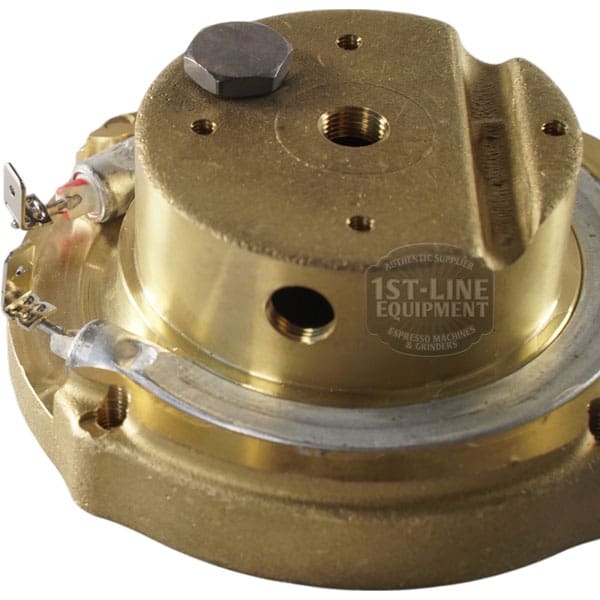 Close-up of an Ascaso I.365N 110V Brass Boiler / Heating Element (2 hole) for espresso machines, showing electrical connectors and screw holes, with a faint 1st-Line Equipment logo visible against a white background. © 2025 1st-line.com