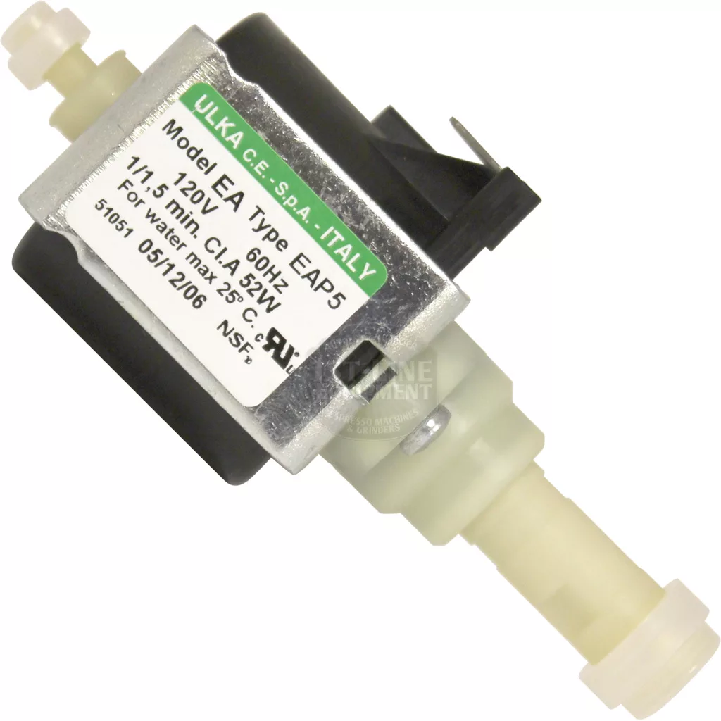 Close-up of an Ulka Pump - 52W, 120V, 60Hz, Model EA Type EAP5 with a plastic output and black electrical housing. The pump’s label displays its specifications and shows it is made in Italy. © 2025 1st-line.com