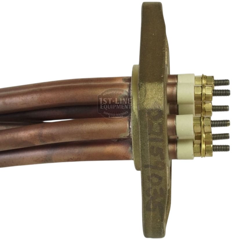 Close-up of Elektra 02159035 Heating Element, 3500 watts, 220-400 volt, featuring a brass and copper build with four copper tubes on a metal mounting plate and four threaded electrical terminals. © 2025 1st-line.com