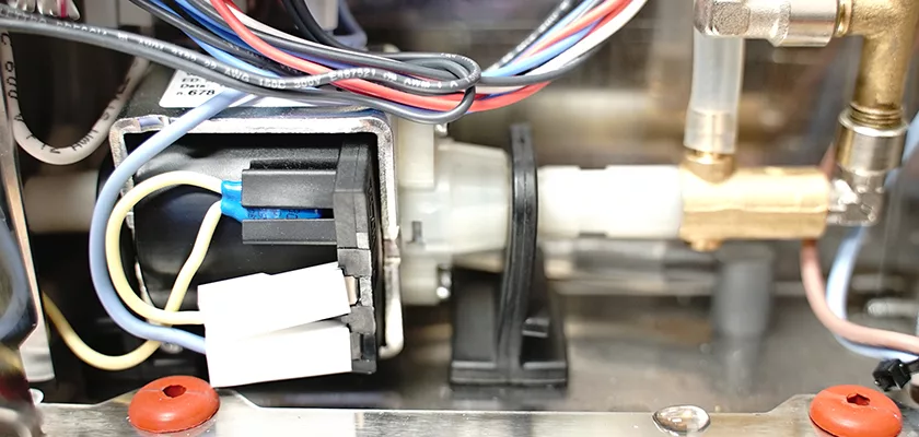 Close-up of internal components in the DISCONTINUED Lelit Victoria PL91T PID Single Boiler Espresso Machine, detailing wires, connectors, a solenoid valve, and metal pipes—features of high-quality espresso machines. © 2025 1st-line.com