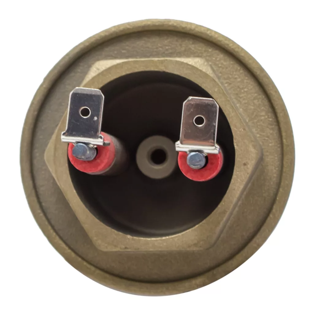 Close-up of the ACS VES0039 Steam Heating Element Brew B. 1400W, 110V - Vesuvius base, with two metal terminals featuring red insulators in a brass-colored hexagonal housing, photographed from above on a white background. © 2025 1st-line.com