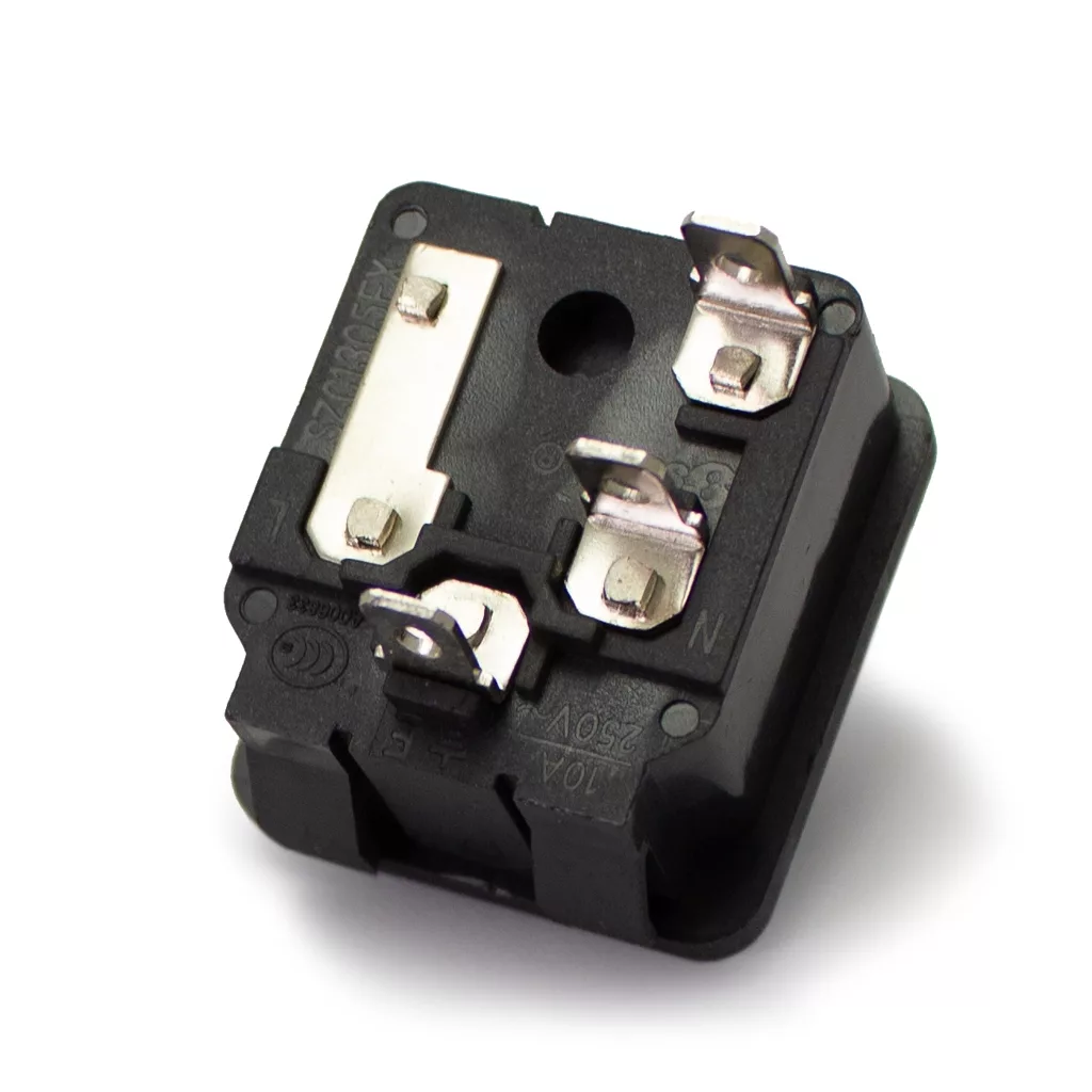 Close-up of the Ambiente Power Plug Socket/Connector - Ventus in black, featuring four metal terminals, a central mounting hole, and voltage markings—ideal for espresso machines or grinders. © 2025 1st-line.com