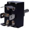 Close-up of the Ascaso 3 Position Toggle Switch - Steel V2 in black, showing four metal terminals (two on each side) with brass screws, and a metal lever extending from the right side. © 2025 1st-line.com