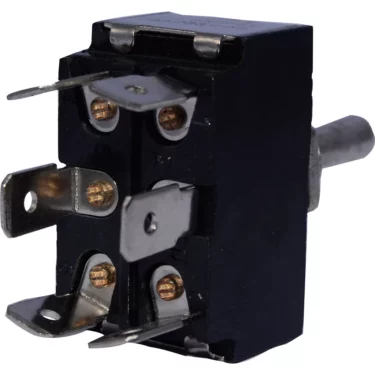 Close-up of the Ascaso 3 Position Toggle Switch - Steel V2 in black, showing four metal terminals (two on each side) with brass screws, and a metal lever extending from the right side. © 2025 1st-line.com