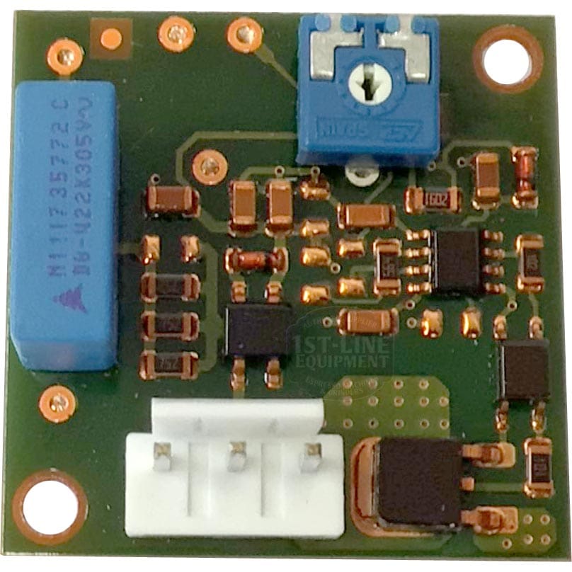 Close-up of the Ascaso I..167 Pump Circuit: a small green board with a blue potentiometer, blue relay, black chips, white connectors, and orange circuit traces. © 2025 1st-line.com