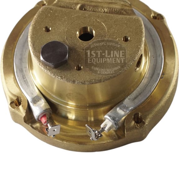 Close-up of the Ascaso I.365N 110V Brass Boiler / Heating Element - 2 hole, showing its base with two metal terminals and the 1st-Line Equipment logo engraved on the surface. © 2025 1st-line.com