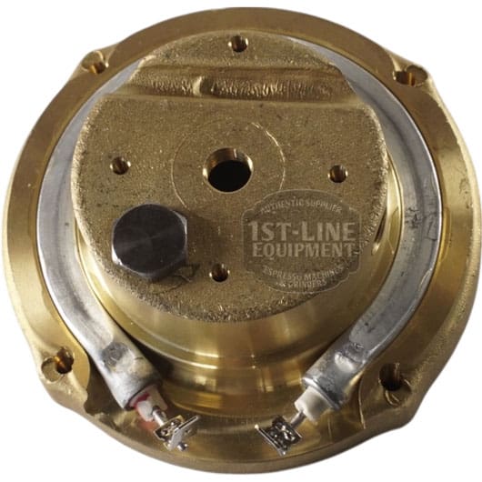 Close-up of the Ascaso I.365N 110V Brass Boiler / Heating Element - 2 hole, showing two electrical connectors attached. Designed for compatible espresso machines and engraved with 1st-Line Equipment. © 2025 1st-line.com
