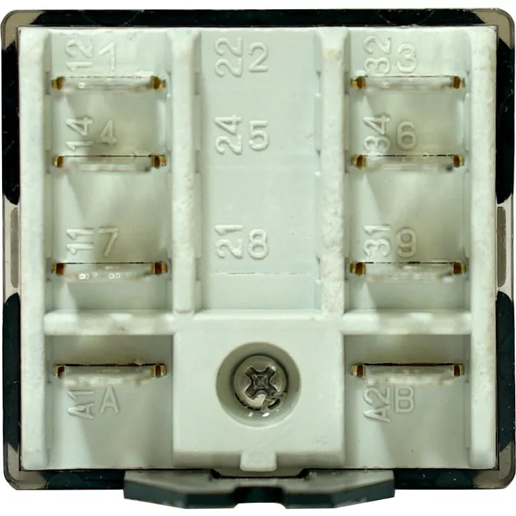 Close-up of the Bezzera 7635418 Relay - 110V, 16A socket base showing labeled terminal slots and a central screw; terminals are marked with numbers and letters for wiring. © 2025 1st-line.com