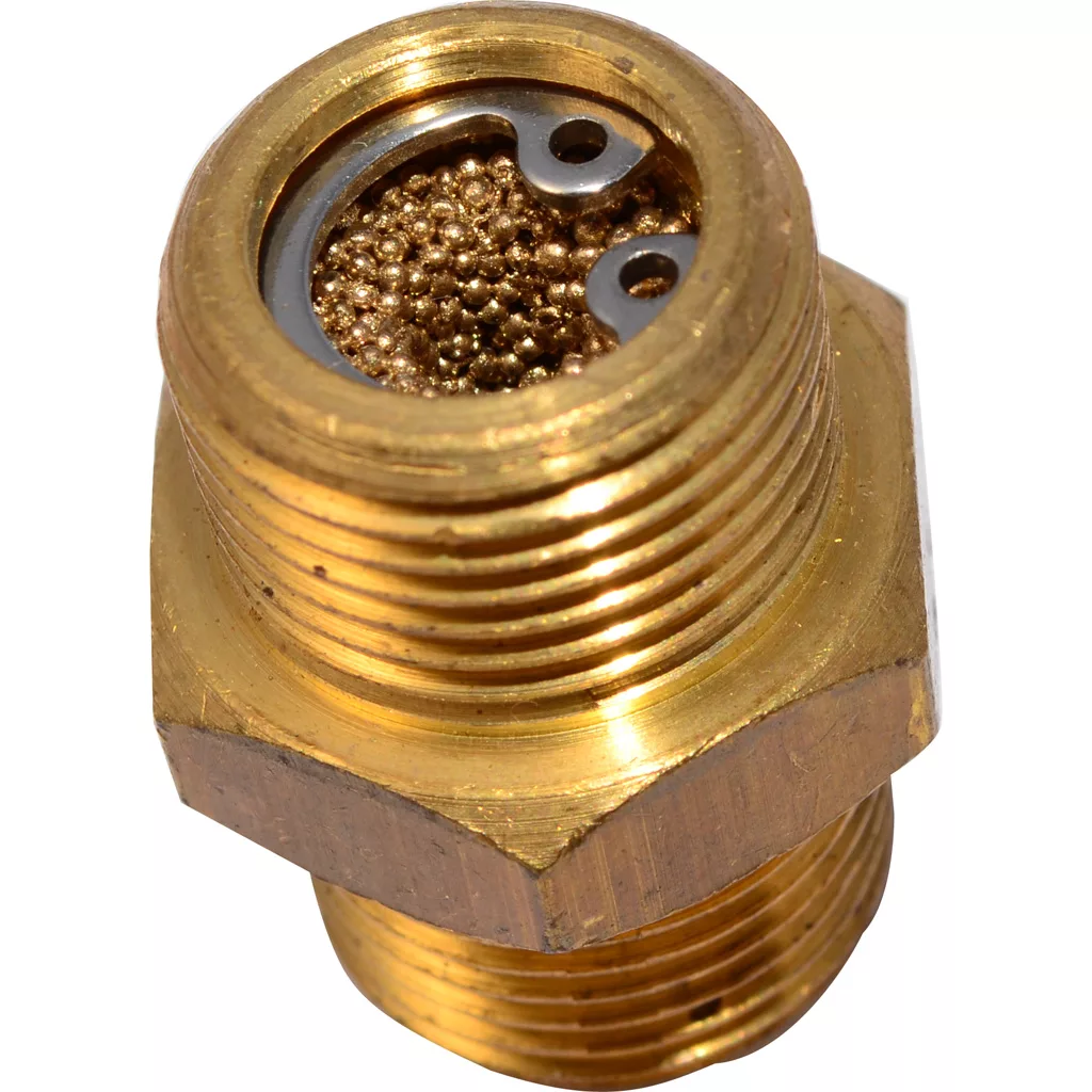 Close-up of the DISCONTINUED Ascaso 3/8 M x 3/8 M Fitting with Filter, featuring a threaded design and porous filter for noise reduction and air flow distribution in pneumatic systems. © 2025 1st-line.com