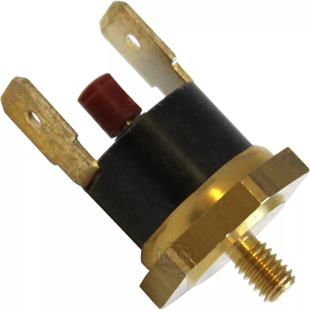 Close-up of the DISCONTINUED Ponte Vecchio Safety Thermostat - 145C, featuring a brass and black body, two flat metal terminals on top, and a threaded bottom for mounting. © 2025 1st-line.com