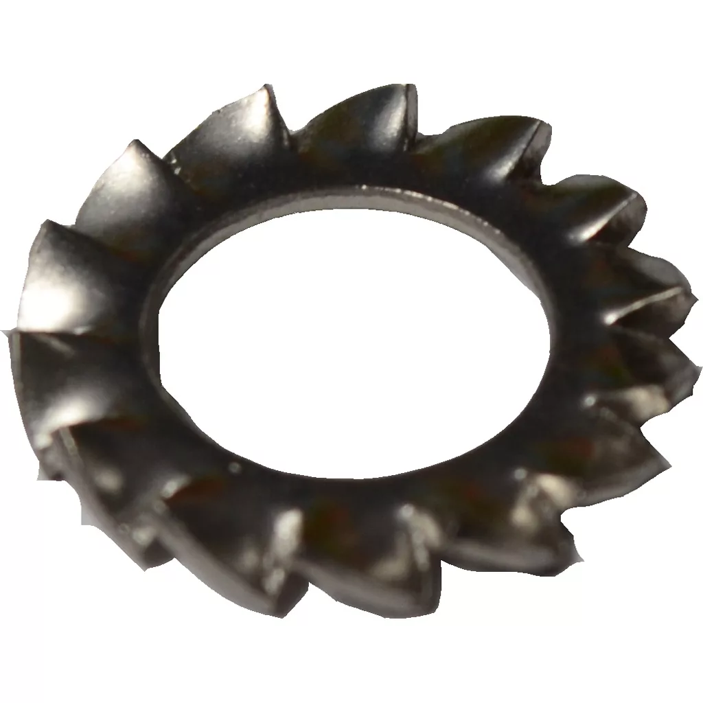 Close-up of the ECM B7479947 E61 Lever Washer, a circular metal lock washer with outwardly bent, serrated teeth designed to prevent nuts and bolts from loosening. © 2025 1st-line.com