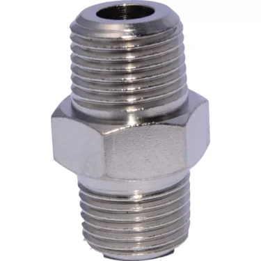 Close-up of the ECM C229900518 Straight Fitting 1/8 x 1/8, a metal hex nipple pipe fitting with two threaded ends and a hexagonal center for easy wrench tightening. © 2025 1st-line.com