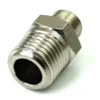Close-up of the ECM C229900519 Straight Fitting 1/4 x 1/8, a metallic adapter with a hexagonal middle and external threads on both ends, designed for connecting pipes or tubes. © 2025 1st-line.com
