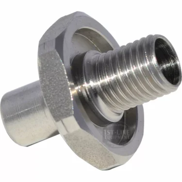 Close-up of the ECM P6020 Water Tank Upper Adapter, featuring a metallic body with a hexagonal collar and cylindrical ends, designed for use in plumbing, machinery, or as a water tank adapter. © 2025 1st-line.com