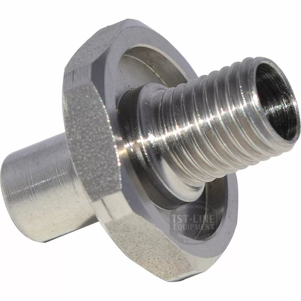 Close-up of the ECM P6020 Water Tank Upper Adapter, featuring a metallic body with a hexagonal collar and cylindrical ends, designed for use in plumbing, machinery, or as a water tank adapter. © 2025 1st-line.com