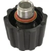 Close-up of the Elektra 00145034 Boiler Cap / Safety Valve Plug, showing its black ridged plastic fitting, metallic threaded safety valve plug on top, and a red rubber washer at the base. © 2025 1st-line.com