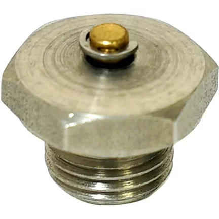 Close-up of the Elektra 00200034 1/4 Bleeder / Vacuum Break Valve—metal hexagonal screw plug with threaded end and a small brass bleeder valve centered on the flat top. © 2025 1st-line.com