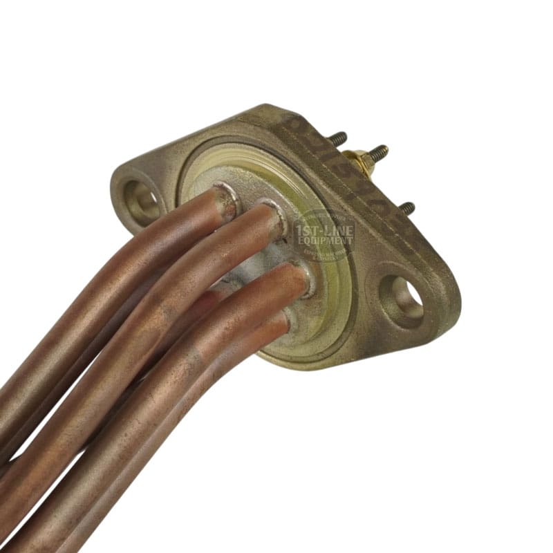 Close-up of the Elektra 02159035 Heating Element, 3500 watts, 220-400 volt, featuring three copper tubes on a flat oval flange with two bolt holes and terminals. © 2025 1st-line.com