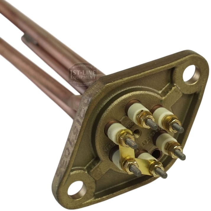 Close-up of the Elektra 02159035 Heating Element, 3500 watts, 220-400 volts, showing its brass and copper build, four screw terminals, two mounting holes, labeled metal base, and white ceramic insulators. © 2025 1st-line.com