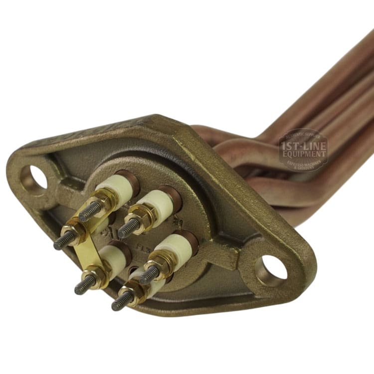 Close-up of the Elektra 02159035 Heating Element—3500 watts, 220-400 volt, copper with brass flange and six terminals—suitable for industrial or commercial use. © 2025 1st-line.com