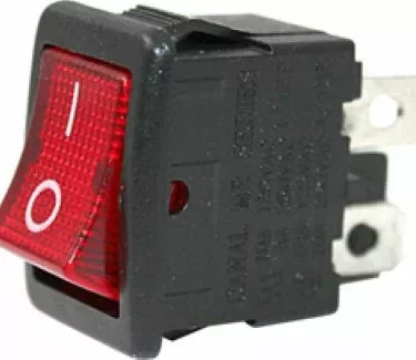 Close-up of the Fiorenzato A2100043 Switch - power - 17x12mm, showcasing a red rocker with white I (on) and O (off) symbols in black housing, featuring metal prongs for electrical connections. © 2025 1st-line.com