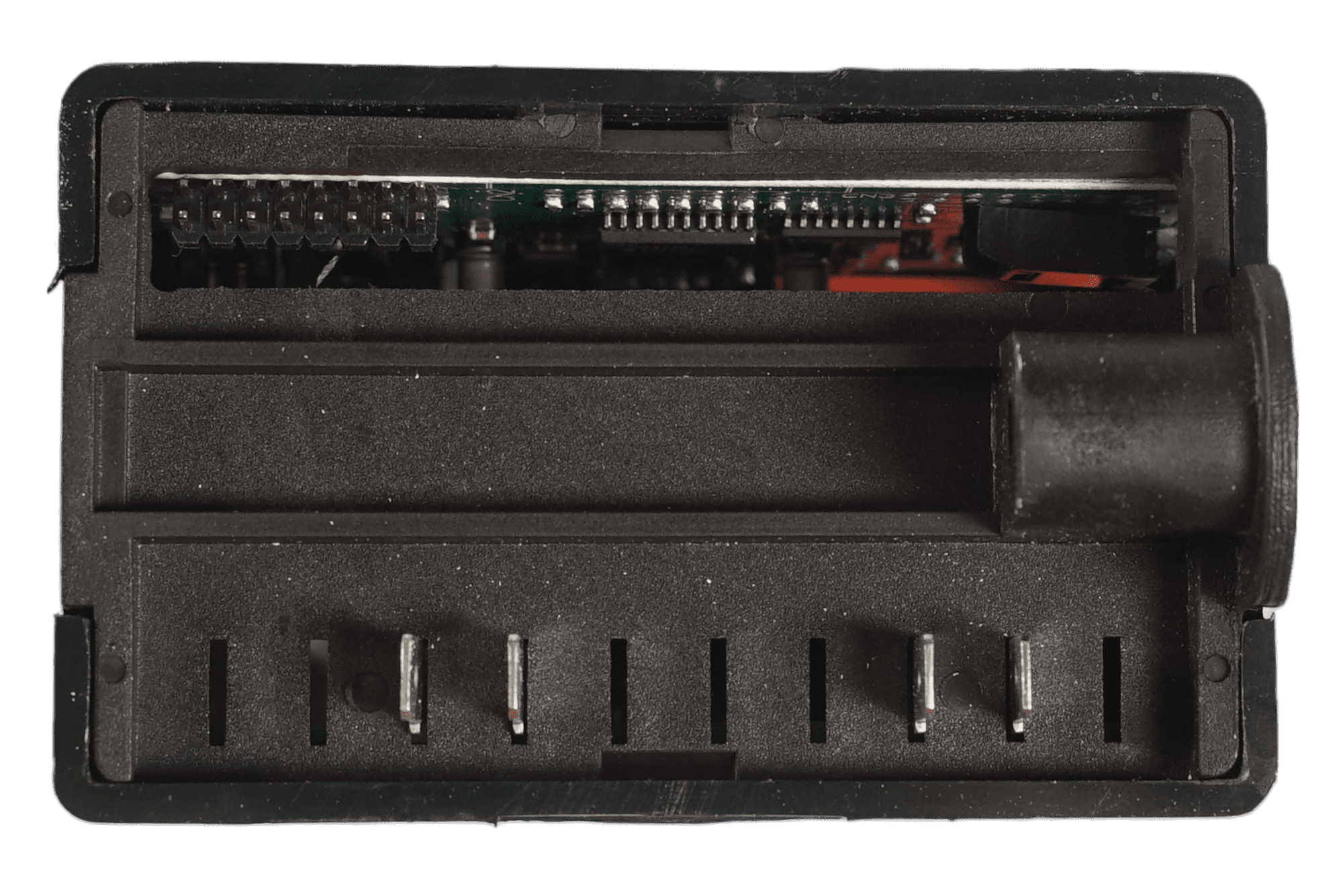 Close-up of the Gicar ELETDOSPIDDS12015 Brain Unit (9.9.37.40G, 115V) connector port for VBM DB V4 2015, showing metal pins, black casing, and internal circuit board components. © 2025 1st-line.com