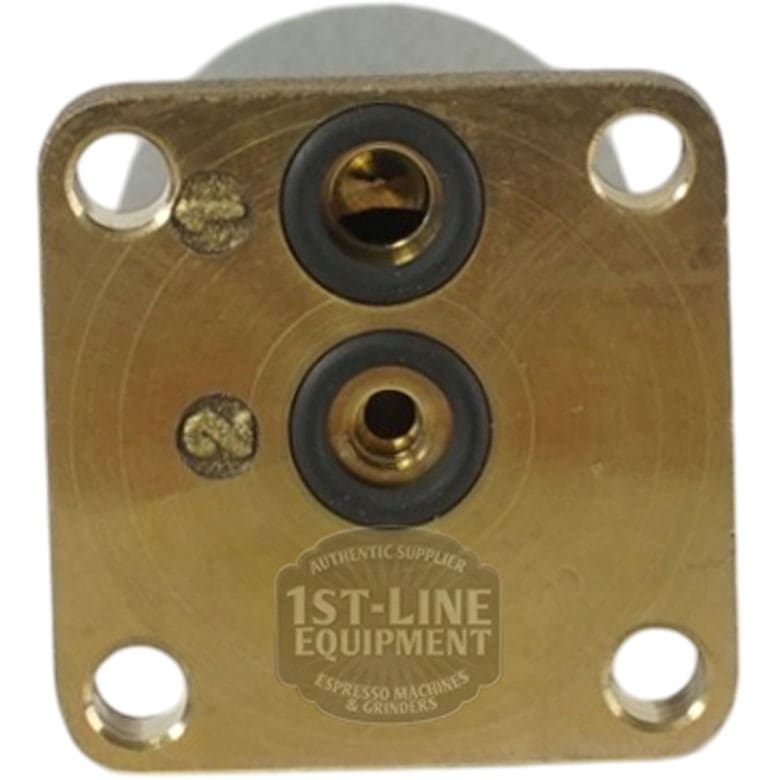 Close-up of the Grimac MG007 Parker Solenoid Valve Body AutoFill Block, featuring four corner screw holes and two central black rubber-sealed ports, with a faint 1st-Line Equipment logo. Designed for use with Grimac MG007 machines. © 2025 1st-line.com