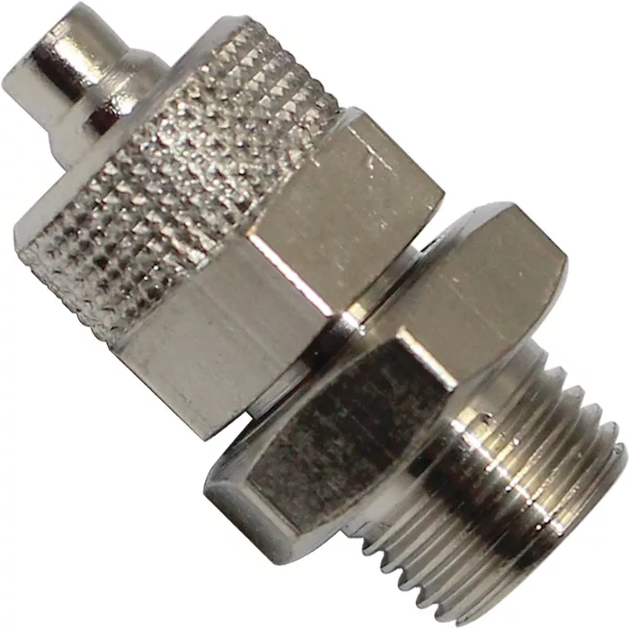 Close-up of the La Nuova Era NE466 Straight Pipe to Tubing Connector, featuring a knurled grip and threaded end for connecting an air pump or straight pipe to a tire valve, shown on a white background. © 2025 1st-line.com