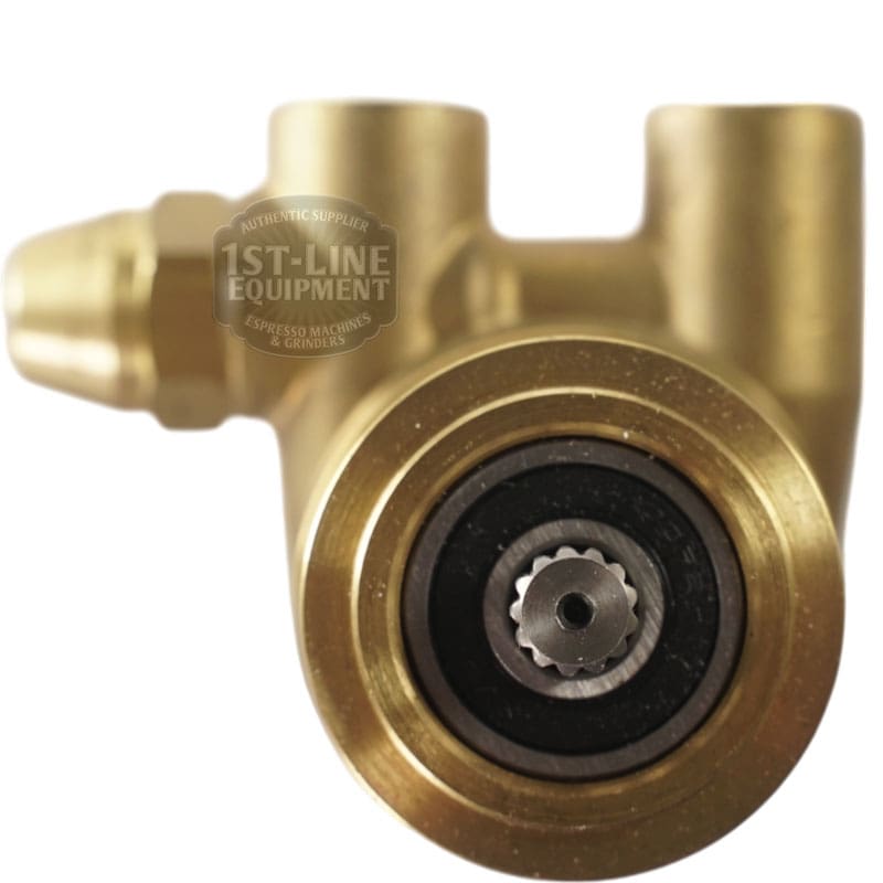 Close-up of the M..171 200LT Dentate Rod Rotary Vane Pump featuring a brass espresso machine part with a circular gear mechanism and pipe connections. The 1st-Line Equipment logo appears on the left against a white background. © 2025 1st-line.com