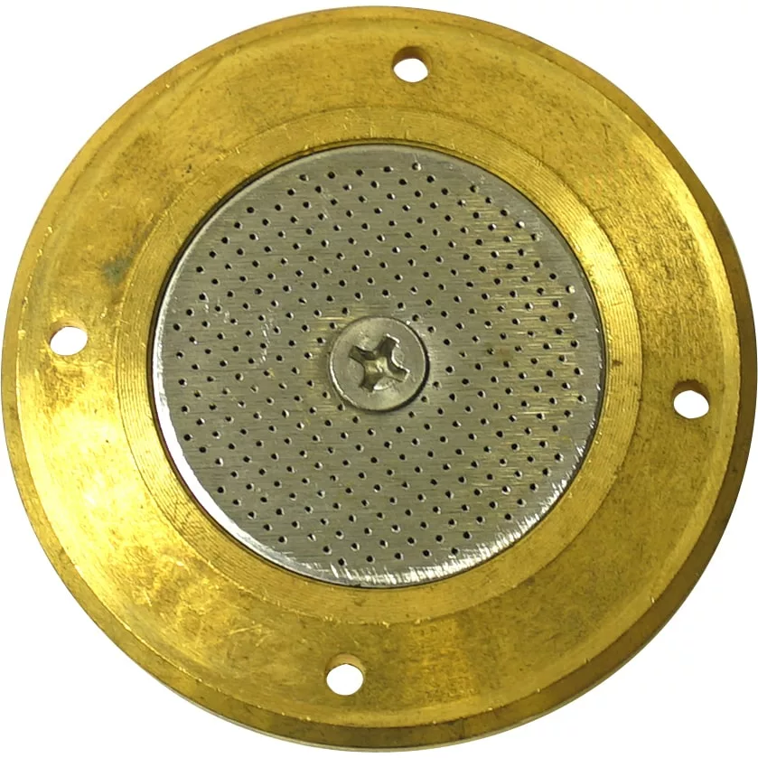 Close-up of the Pod Adapter for E61 Grouphead Espresso Machines: a round metallic adapter with a gold outer ring, perforated silver center, central screw, and four mounting holes around the edge. © 2025 1st-line.com