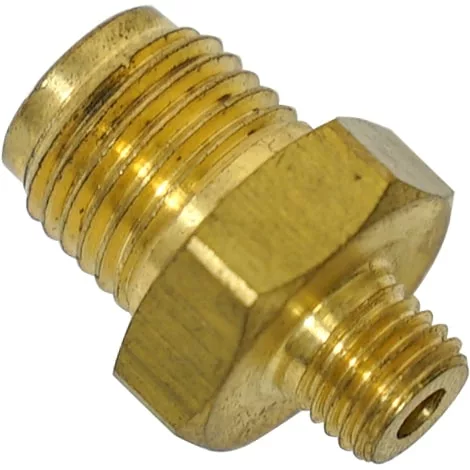 Close-up of the Rancilio 23217039 Steam Pipe to Steam Valve Coupling, a brass adapter with two threaded ends (one large, one small) and a hexagonal midsection for easy tightening with a wrench on Rancilio machines. © 2025 1st-line.com