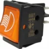 Close-up of the Rancilio 34030033 Coffee Switch - Audrey/Rialto, featuring an orange rocker with a white steam symbol and three metal prongs for electrical connections, commonly used to control heating elements or appliances. © 2025 1st-line.com