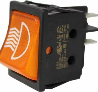 Close-up of the Rancilio 34030033 Coffee Switch - Audrey/Rialto, featuring an orange rocker with a white steam symbol and three metal prongs for electrical connections, commonly used to control heating elements or appliances. © 2025 1st-line.com