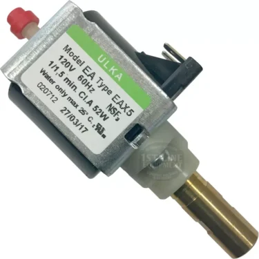 Close-up of the Ulka Pump - 52 watts, 120V, 60Hz, Model EA Type EAX5 with a metallic body and brass output. The label shows key specs including power, voltage, frequency, and model details. © 2025 1st-line.com
