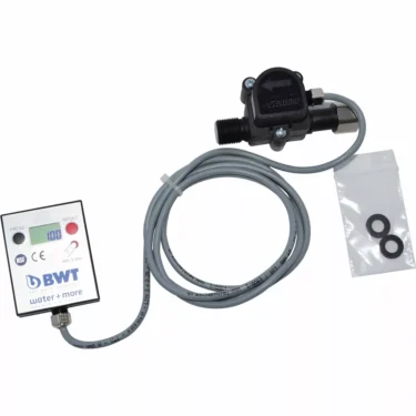 DISCONTINUED BWT 812195 Aqua Meter 3/8 with LCD display, attached sensor, gray cable, and small bag with two black rubber O-rings. © 2025 1st-line.com