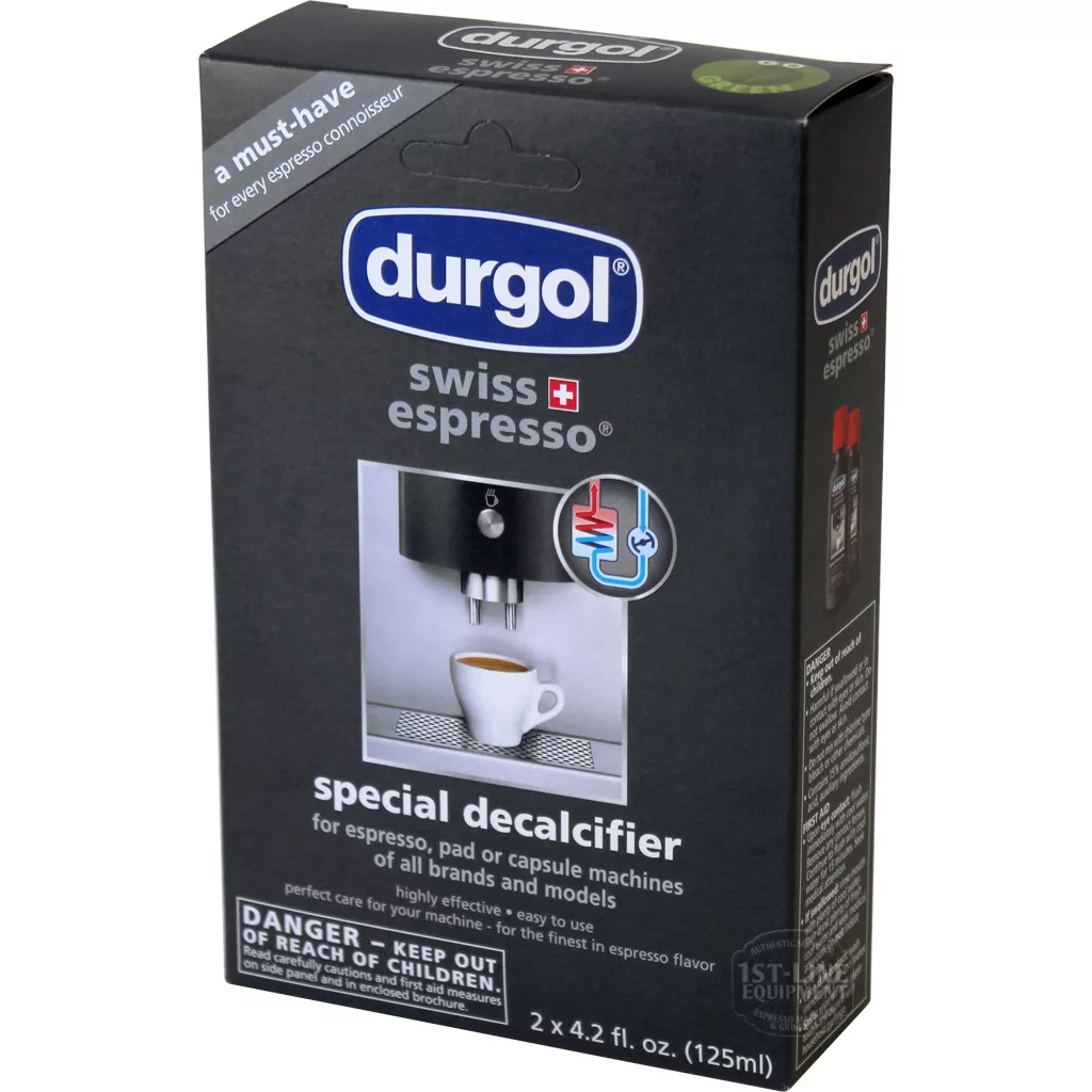 DISCONTINUED Durgol Swiss Espresso Special Decalcifier Liquid comes in black packaging with branding, a coffee machine image, and safety warnings. Includes 2 bottles, 4.2 oz each, for espresso, pod, or capsule machines. © 2025 1st-line.com