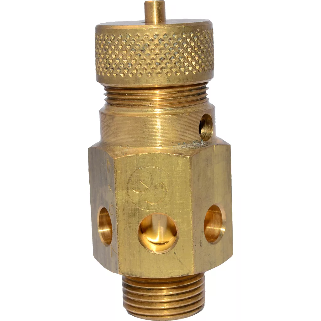 DISCONTINUED - Fiorenzato Safety Valve - OTT.3/8: Brass valve for Bricoletta and Volante, with threaded ends, multiple circular side openings, and a knurled adjustment knob on top. © 2025 1st-line.com