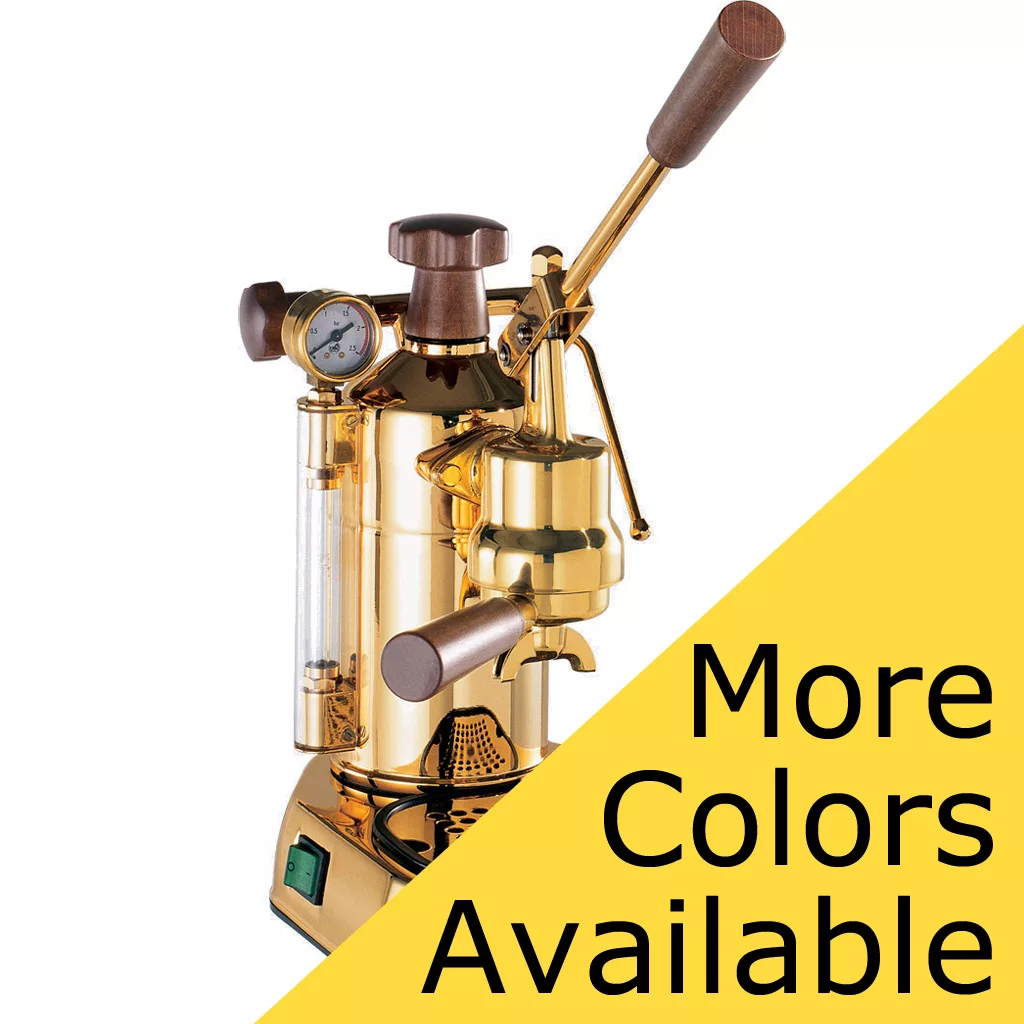 DISCONTINUED La Pavoni 16-Cup Professional Lever Espresso Machine with wood handles and a visible pressure gauge. A diagonal yellow banner in front reads More Colors Available in bold black text. © 2025 1st-line.com