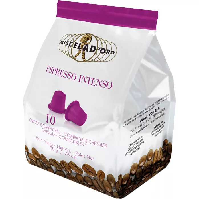 DISCONTINUED Miscela dOro Espresso Intenso Capsules - 10/bag. White and purple bag contains 10 single Nespresso compatible capsules, shown with two purple capsules and coffee beans at the bottom. © 2025 1st-line.com