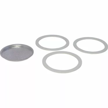 Displayed is the Frabosk 3 Gaskets + 1 Filter Set for 12 Cups Espresso Coffee Maker: a metal perforated espresso filter and three white round gaskets arranged on a plain white background. © 2025 1st-line.com