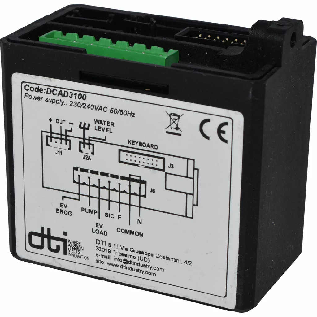 DTI Brain Unit - DCAD3100, 230V, for Fiorenzato A1500052 Bricoletta/Volante fully-automatic systems; black module with green/black connectors and a white label showing wiring diagram, technical specs, and certifications. © 2025 1st-line.com