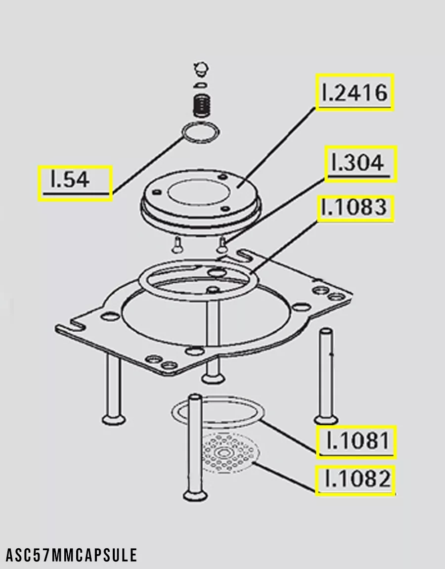 Exploded diagram of a mechanical assembly with labeled parts, including four cylindrical posts and circular components. Features ASC57MMCAPSULE, compatible with the Ascaso I..829 Shower Holder Capsule—boiler versions only. © 2025 1st-line.com