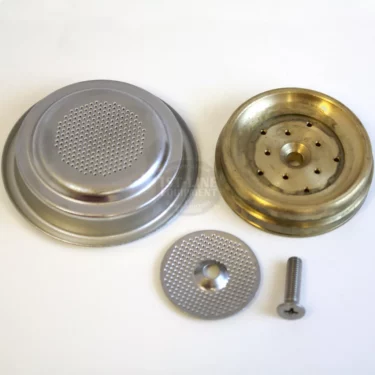 Four metal parts from the La Spaziale Pod Kit SINGLE ESE - La Spaziale Vivaldi—shower screen, brass group head plate with holes, smaller screen, and screw—are arranged on a plain surface. © 2025 1st-line.com