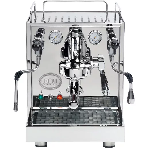 Front view of the DISCONTINUED ECM Mechanika Profi IV Switchable Espresso Machine, featuring stainless steel finish, pressure gauges, levers, steam wands, indicator lights, and “ECM” label on the front panel. © 2025 1st-line.com