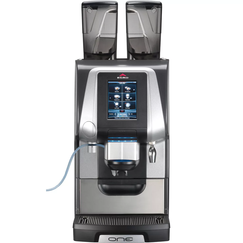 Front view of the DISCONTINUED - Rancilio Egro One Touch Quick Milk Commercial Espresso Machine with dual bean hoppers, digital touchscreen, left-side One Touch milk frother, central dispenser, and drip tray below. © 2025 1st-line.com