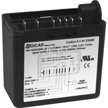 Gicar 7661039 Brain Unit - 9.1.41.23G02, 115V, 2 probe for Bezzera semi-automatic machines; features Italian wiring diagram and technical details printed on the front, with multiple connectors at the bottom. © 2025 1st-line.com