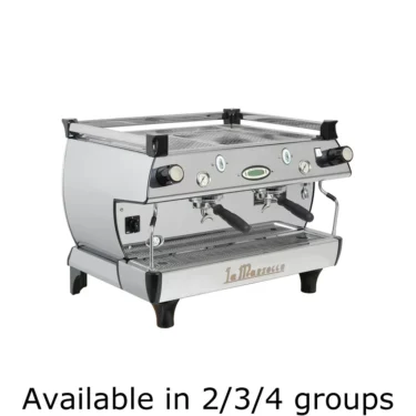 La Marzocco GB5 EE Commercial Espresso Machine in stainless steel with two group heads, steam wands, and control knobs. Available in 2, 3, or 4 group configurations. © 2025 1st-line.com