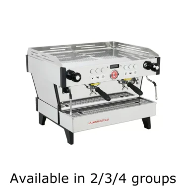 La Marzocco Linea PB AV Commercial Espresso Machine with dual group heads, control buttons, and steam wands on a white background. Text below: Available in 2, 3, or 4 groups. © 2025 1st-line.com