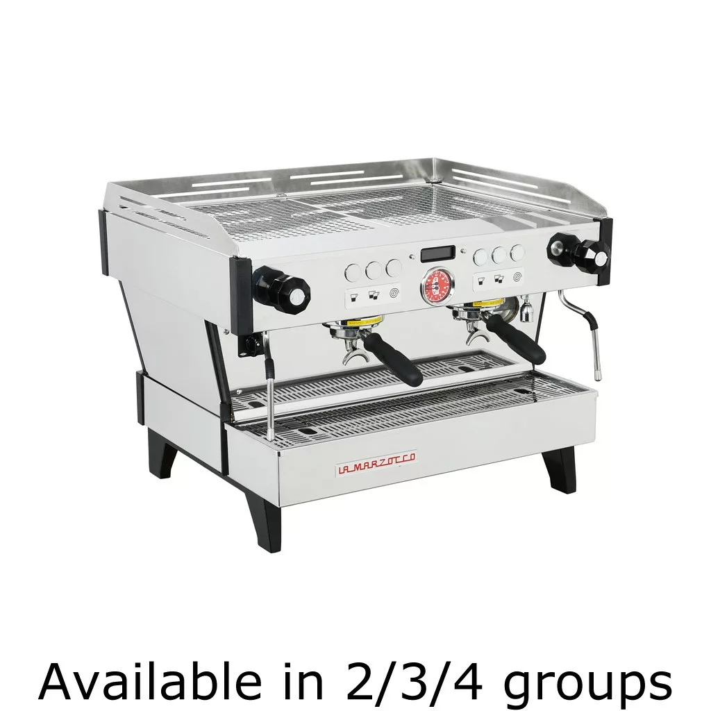 La Marzocco Linea PB AV Commercial Espresso Machine with dual group heads, control buttons, and steam wands on a white background. Text below: Available in 2, 3, or 4 groups. © 2025 1st-line.com